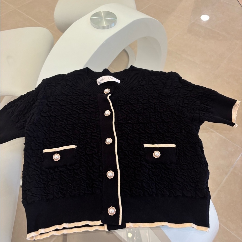 Black Textured Cardigan with Cream Trim Small
